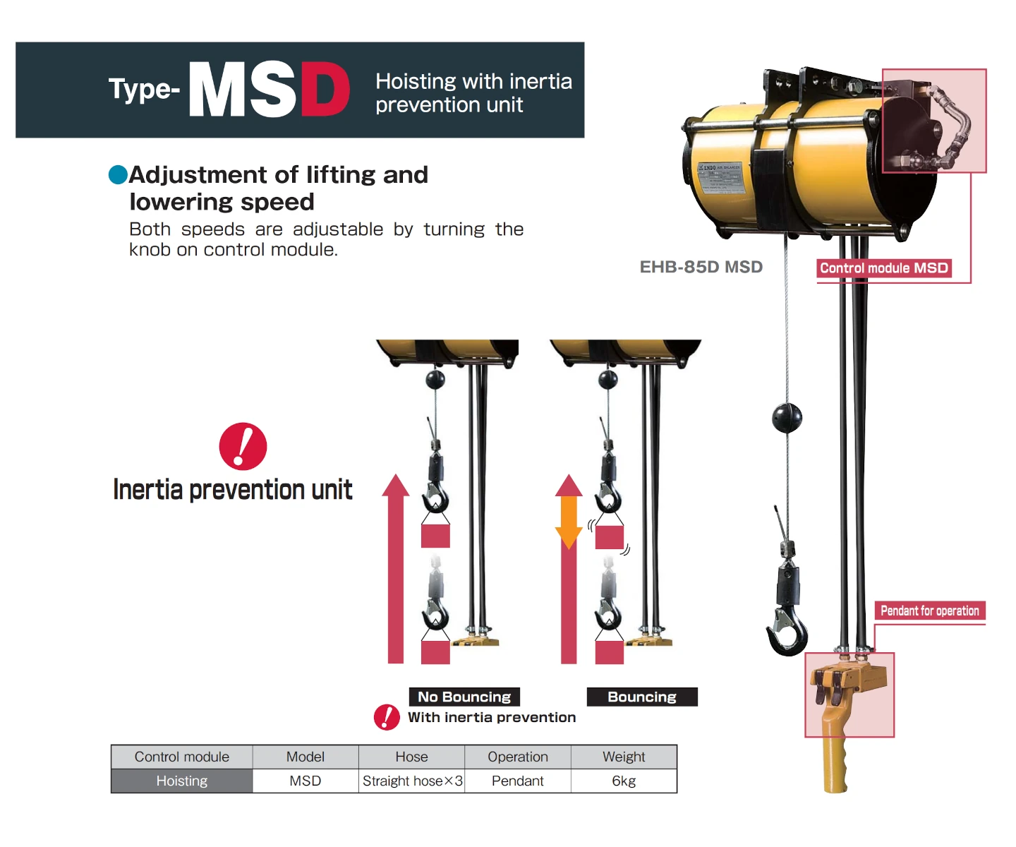 ENDO EHB-85D-MSD loftknúinn jafnvægisbúnaður með sveifluvörn, 0–90 kg